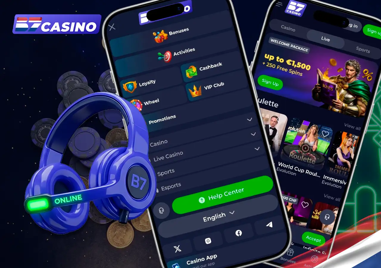 B7 Casino klantenservice 24/7 bereikbaar via live chat en e-mail.